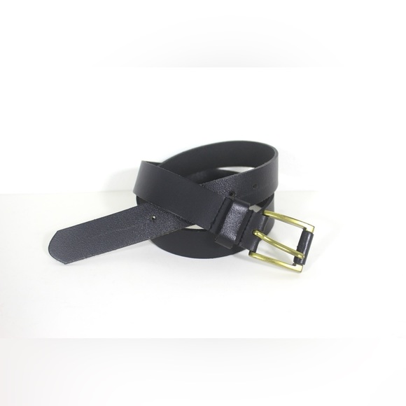 Unisex Black Leather Belt, Size Medium Large Brass and Leather Buckle Dress Belt - Picture 2 of 7